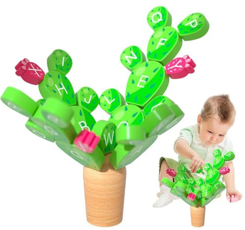 Équilibrage du Jouet Cactus, Jouet pour bébé empiling Cactus - Wood Alphabet Learning Stacking Game - Activités éducatives Amusantes, bâtiment Ensemble pour Les de 3 à 8 Ans