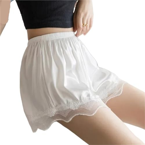 Panty Anti Frottement Sous-jupe en dentelle sans couture, Anti-frottement, sous-vêtements en soie, pantalons courts de sécurité for femmes, culotte en Satin à ourlet Non bouclé(White,For 70-80kg)