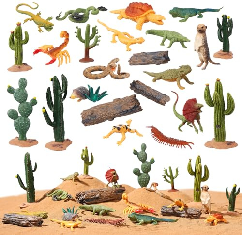 AENIMELY Lot de 23 figurines d'animaux du désert – Comprend scorpion, lézard, serpent à sonnettes et cactus – Diorama du désert pour enfants, décorations de gâteau d'anniversaire, décorations de fête
