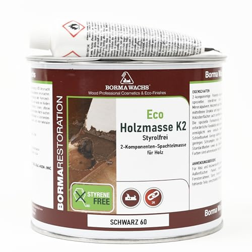 Borma Eco Holzmasse K2 Schwarz – Styrolfreier 2-Komponenten Polyesterspachtel 750ml – Holzreparaturmasse für Holzoberflächen – Hochwertige Reparaturmasse für präzise Holzreparaturen – BORMA WACHS