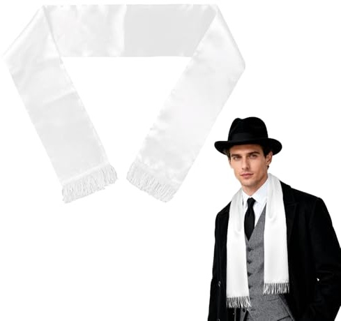 SAIIURV White Scarf Men 1920's Scarf with Tassels Halloween Costume, Fancy Dress Outfit for Halloween or Themed Parties, Mafia Long Shawl Theme Party Fancy Dress Costume Accessory (White)