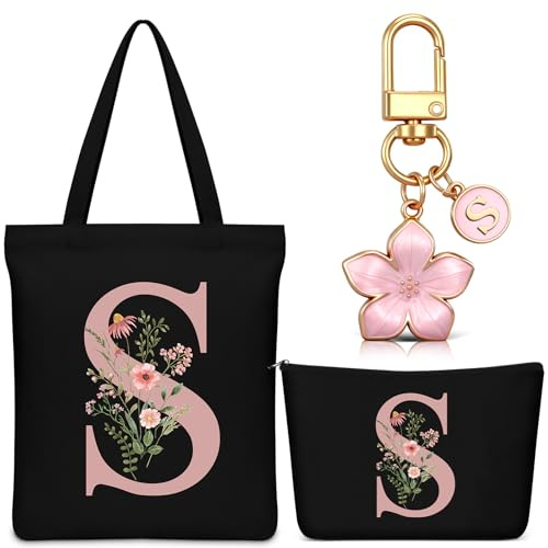 Hestya Set 3 Regalos para Mujer Bolso Tote Personalizado con Inicial Bolsa de Compras de Lona Neceser con Alfabeto Bolso de Maquillaje Llavero con Letra para Amiga Colega Cumpleaños Boda