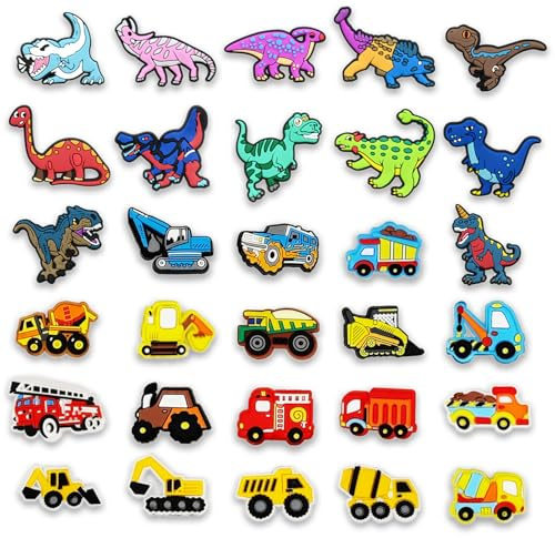 Felvjiaa 30pcs Dinosaur Cars Charms PVC Shoe Jewelry Decoration,Clog Accessories Pins for Boys Teens Party Favors Birthday Gifts