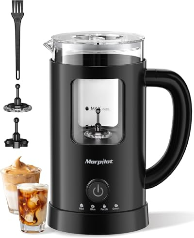 Montalatte Elettrico, Morpilot Montalatte Caldo e Freddo 4 in 1, 550 W 600 ml, Design Latte, Vetro di Visualizzazione, Spegnimento Automatico, Facile da Pulire