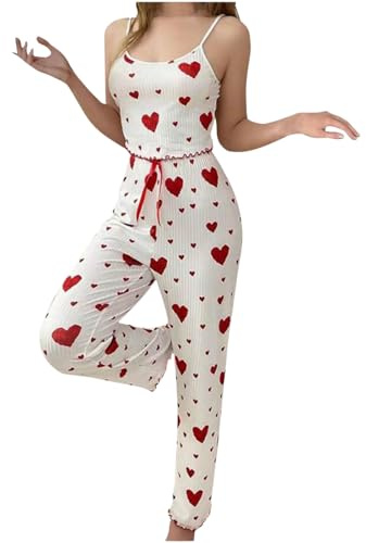 Two-Piece Cute Heart Printed Pyjama Sets for Women, Spaghetti Strap Cami Top and Long Pants, Comfy Soft Summer Pjs Set Home Pajamas Sleepwear (UK, Alpha, M, Regular, Regular, White(red heart))