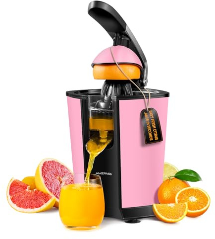 Amzpass Electric Orange Juicer, Citrus Juicer Squeezer with 2 Cones and Soft Grip Handle for Effortless Juicing, Stainless Steel Quiet Orange Juice Extractor Machines for Lime Grapefruit Lemon, Pink