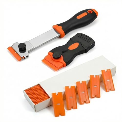 VEOIRXU 2 Pezzi Raschietto con 100 Lame Intercambiabile in Plastica Raschietto per Etichette per Destrorsi e Mancini Raschietto per Vetroceramica e Adesivi in Plastica Ergonomico