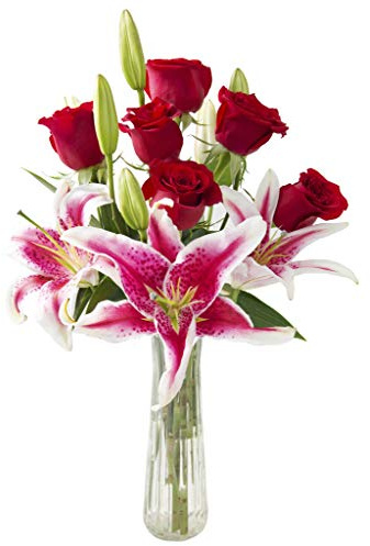 KaBloom - Adore Her Mixed Bouquet of Farm-Fresh Red Roses and Pink Lilies with Vase - Fresh Flowers for Birthday, Valentine's & Mother's Day