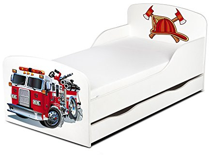 Leomark Einzelbett aus Holz - Feuerwehr - Kinderbett mit Schubladen für Bettwäsche, Stauraum, Holzbett mit Matratze + Lattenrost, Komplett Set, Liegefläche 70/140 cm, UV-Druck