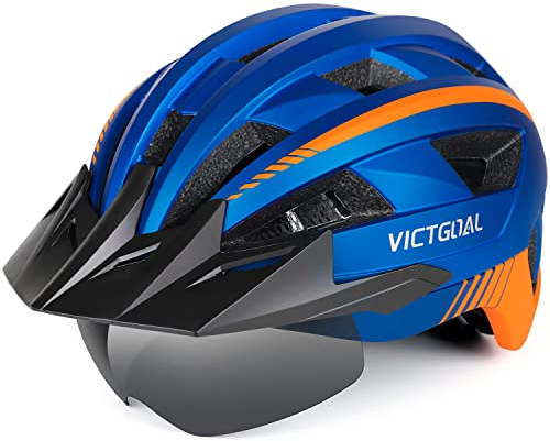 VICTGOAL Fahrradhelm MTB Mountainbike Helm mit magnetischem Visier Abnehmbarer Sonnenschutzkappe und LED Rücklicht Radhelm Rennradhelm für Erwachsenen Herren Damen (L: 57-61cm, Blue)