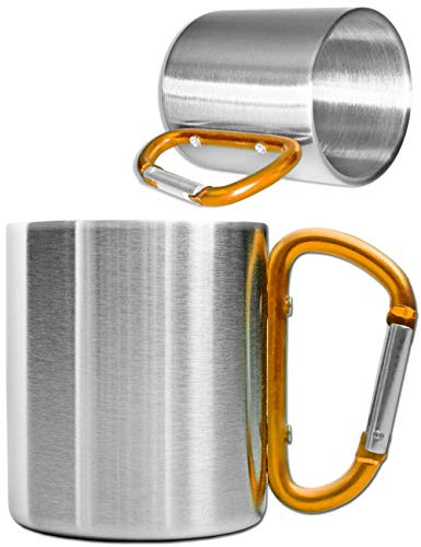 Outdoor Saxx® - Camping Mug, Outdoor Mug, Metal Mug with Screw Carabiner Handle, Stainless Steel, Hiking, Trekking, Work, 250ml, Silver(Orange)