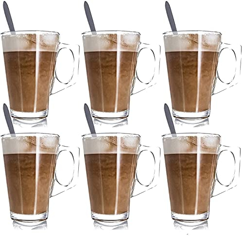 SDMAX 6 Piece Long Handle Latte Spoons with 240 ML Tea Coffee Cappuccino Sundae Glass Set of 6 for Home, Kitchen, Restaurant, Tea and Desserts, Easy to Clean, Durable Built