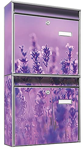 banjado Briefkastenanlage 2 Fach - 2 Briefkästen 36x64x10cm groß - Doppelbriefkasten Set - Namensschild, 2 Schlüssel, Montagematerial - Stahl verzinkt Silber - Motiv Lavendelmeer