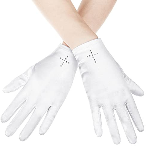 Guantes de Satén Blancos Niña de Dedos Cortos con Cruz de Diamante de Imitación