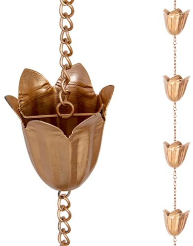 Qipade Chaînes de Pluie pour gouttières, 2,5 m de Long, chaîne de Pluie Lotus en cuivre avec 12 Tasses, Attrape-Pluie décoratif de Rechange pour gouttières, Drainage d'avant-Toit