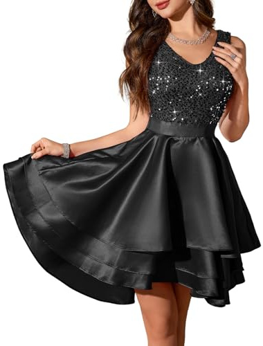 Meetjen Short Formal Sequin Teen Dress for Women High Low Cocktail Prom Dresses Sparkly Fancy A-line Ball Gown Black M