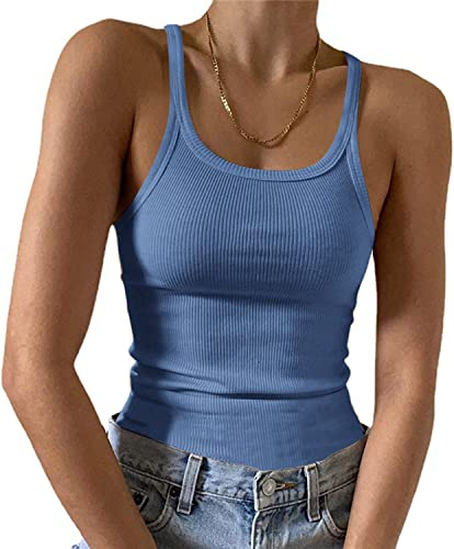 Feziakuk Spaghetti Top Damen Sexy Ärmellos Unterhemd Gerippte Tank Top Basic Einfarbig Camisole Sommer Oberteile, Hellblau S