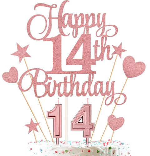 14th Birthday Cake Decorations Set Include 14th Birthday Candles Numeral 14 Cake Candles and Happy 14th Birthday Cake Toppers with Heart Star Cupcake Picks for Birthday Party (Rose Gold Series)