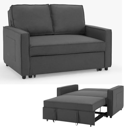 Home Detail Faux Leather Pull Out Sofa Bed Two Seater SofaBed Upholstered Settee in Linen Fabric Grey or Blue (Grey Linen)