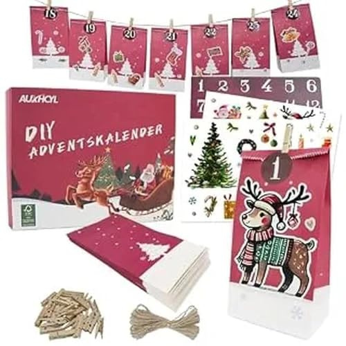 AUXHCYL Adventskalender zum Befüllen Tüten, 2026 Weihnachtskalender Selber Machen, 24 Pcs DIY Adventstüten Säckchen, Adventkalender Selber Basteln für Kinder & Erwachsene(Rot)