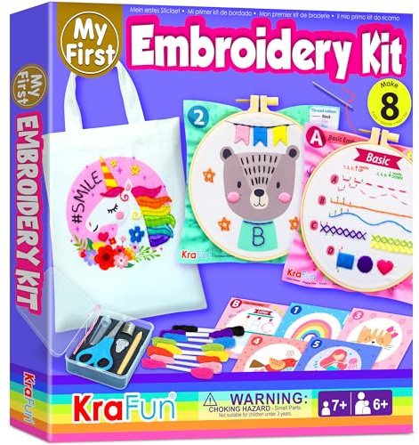KRAFUN Mon premier kit de broderie pour débutants, enfants et adolescents, motifs de broderie simples, kit de broderie à la main comprend un cerceau, un chiffon, des instructions pour les points