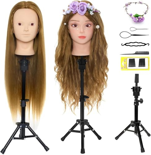 Sminkhuvud 50 % människohår med stativ 60 cm frisörhuvud frisör frisörhuvud | Träningshuvud övningshuvud dockhuvud träning huvud med hållare + hårstyling braid set