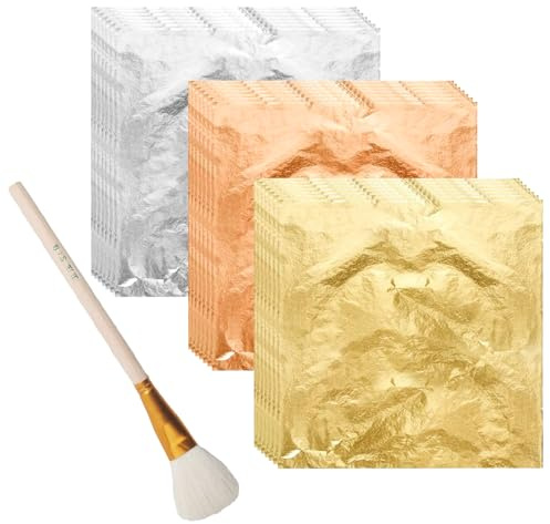150 fogli di foglia d'oro per resina, 50 fiocchi di foglia d'oro e 50 fogli d'argento e 50 foglie di rame e 1 pennello, fogli in pellicola per artigianato, pittura, gioielli, nail art e doratura