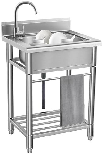 Évier de Cuisine Inox 1 Bac Évier de Restaurant Commercial Portable sur Pied Lavabo à une Cuve Extérieur pour Cuisine Restaurant Garage Jardin Camping-car 55 * 50 * 85cm