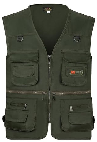 AOTORR Men’s Fishing Vest Casual Outdoor Work Safari Fishing Photo Cargo Vest Summer Jacket With Multi Pockets Army Green L