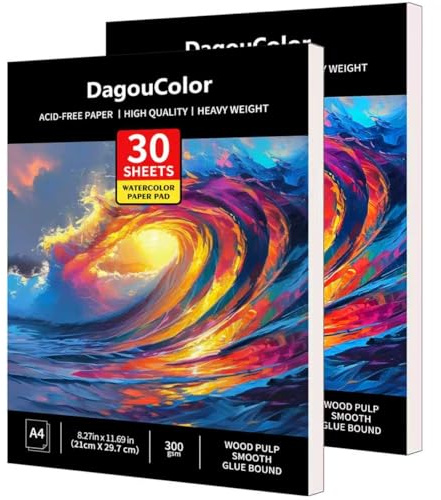 Dagoucolor Papel Para Acuarela, A4, 2 Pack, 30 hojas Papel sin ácido 300gsm, Papel Acuarela Cuaderno, Bloc Acuarela Para y Adultos Profesional Pintar, Dibujar y Bocetos