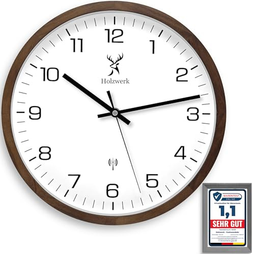 Holzwerk Felsberg Natur Funkväggklocka Funk Väggklocka Trä-Uhr Vintage Funkklocka nästan ljudlöst urverk Långsam Sekund Bök Brun Vit från handgjordt massivt trä Natur Trä 30 cm