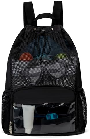 ecosmile Drawstring Backpack Sandproof Beach Backpack with Shoe Compartment & Wet Pocket Waterproof Mesh Swim Bag Pool Bag for Gym, Travel and Workout Gear (Black)