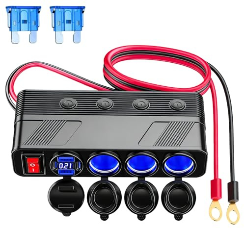 Enchufe de 12 V, enchufe para encendedor de cigarrillos con 4 puertos USB (2QC 3.0 + 2PD 3.0), CC 12 V, cargador USB, divisor múltiple con interruptor para autocaravana, camión, caravana, motocicleta