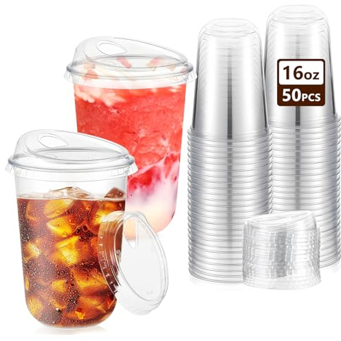 YISIZES 50 Pack 480ML Clear Plastic Cup with Sip Lids, Thickened Iced Coffee Cups for to Go Cold Drinks Latte Juice Smoothie Slushie Milkshake for Drink Shop Parties Events, Leakproof & BPA-Free