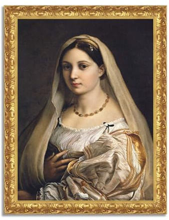 LuxHomeDecor Raphael, La Donna Velata – Quadro stampa su tela effetto dipinto con cornice in legno oro classico - 80x60 cm