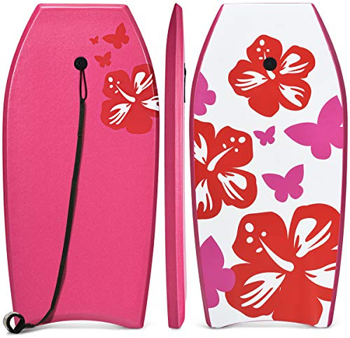 COSTWAY Planche de Bodyboard 33/37/41 en XPE et HDPE | Planche de Surf avec Queue en Croissant avec Double Canal et Longe pour Poignet, Idéal pour Enfants Adolescents Adultes