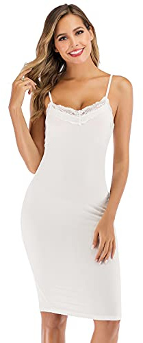 New front Femme Chemise de Nuit Coton Col V sans Manches Bretelles Réglables Fond de Robe en Dentelle Confortable et Elastique Jupon sous Robe Léger et Respirant
