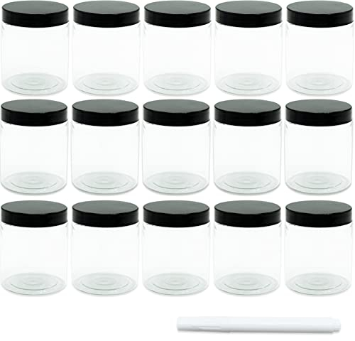 SZXMDKH 15 Pack 8 Oz 250ml Round Clear Reusable Plastic Jars with Black Lids,BPA Free Refillable Empty Storage Jars Wide-Mouth for Beauty Products,DIY Making