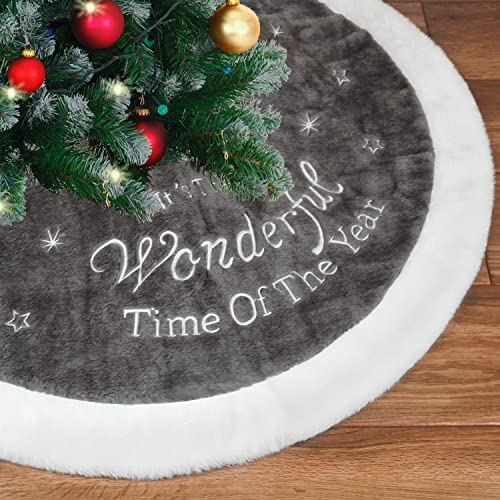 Ywlake Großer Luxus-Kunstpelz-Weihnachtsbaum-Rock - Weiß-Grau Mit Schneeflocken-Doppelschichten - Weicher Baum-Rock für Weihnachtsfeiertagsdekorationen 90cm