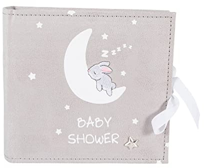 Happy Homewares Cute and Beautiful Neutral Grey Suede Baby Shower Photo Album - 80 Spaces for 4x6 Photos | White Moon and Stars