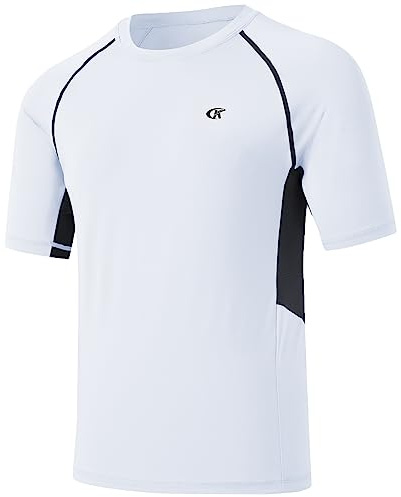 Huayuzh Mens Swim Top Swimming Shirts Short Sleeve Rash Guards UPF 50+ Quick Drying T-Shirts Surfing Pool Beach Watersport White L