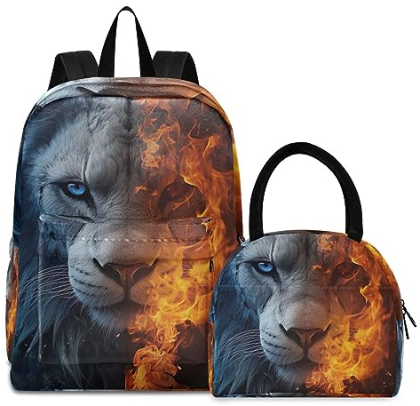 RPLIFE Blue Ice Red Fire Lion Bookbag Lunch Box Set Waterproof Lunch Cooler, Book Bags with Lunch Box, Girls Rucksäcke Elementary