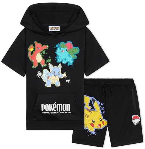 Pokemon Hoodie Shorts Tracksuit Set Boys 2 Pcs Pikachu Teenagers Anime Summer Short Sleeved Hooded Sweatshirt Zipped Pockets Sports Casual Activewear (4-5 Years, Black)