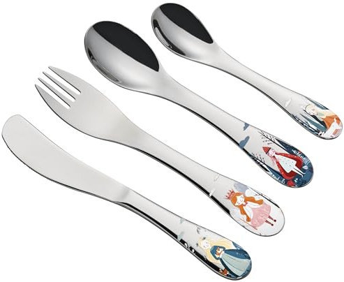cilio PRINCESS - Cubertería infantil (4 piezas, acero inoxidable, forma ergonómica, cuchillo infantil de 21 cm, tenedor de 21 cm, cuchara infantil de 20 cm, cuchara pequeña de 17 cm, diseño de