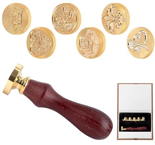 Juego de Sellos de Cera, 6 Unidades Sellos de Cobre para Sellar con Cera, 1 Mango de Madera y Caja de Regalo para Invitaciones, Sobres de Cartas