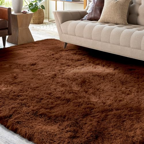 XSIVOD Alfombra mullida de pelo largo, marrón, lavable, 120x160 cm, antideslizante, grande, para dormitorio y habitación de niños