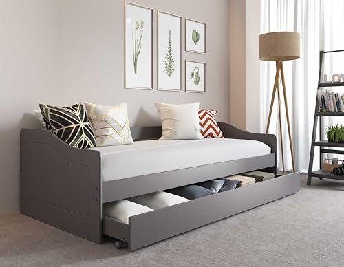 Inter Link- Funktionsbett - Kinderbett - Einzelbett - Sofabett - mit Stauraum - Bettschublade - mit Schublade - inklusive Lattenrost - Kiefer Massivholz - Grau Lackiert - Leonie 23-90 x 200 cm