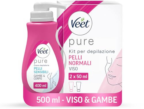 Veet Crema Depilatoria Pelli Sensibili, per Gambe, Braccia, Ascelle e Zona Bikini, 400 ml + Veet Pure Kit Depilazione Viso, Crema Depilatoria e Post Epilazione, 2x50 ml