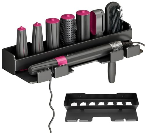 GEOKILO Support mural pour sèche-cheveux sans perçage, support pour fer à lisser et fer à friser avec adhésif et groupe de vis, support noir pour fer à friser et styler