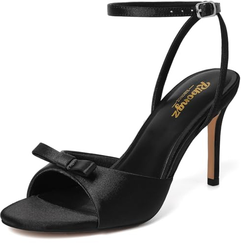 RIBONGZ Women's High Black Heels Round Open Toe Sexy Kitten Sandals Stiletto Heeled Pumps Ankle Strap Bridal Shoes with Bow Summer Wedding Party Casual Office Work 9